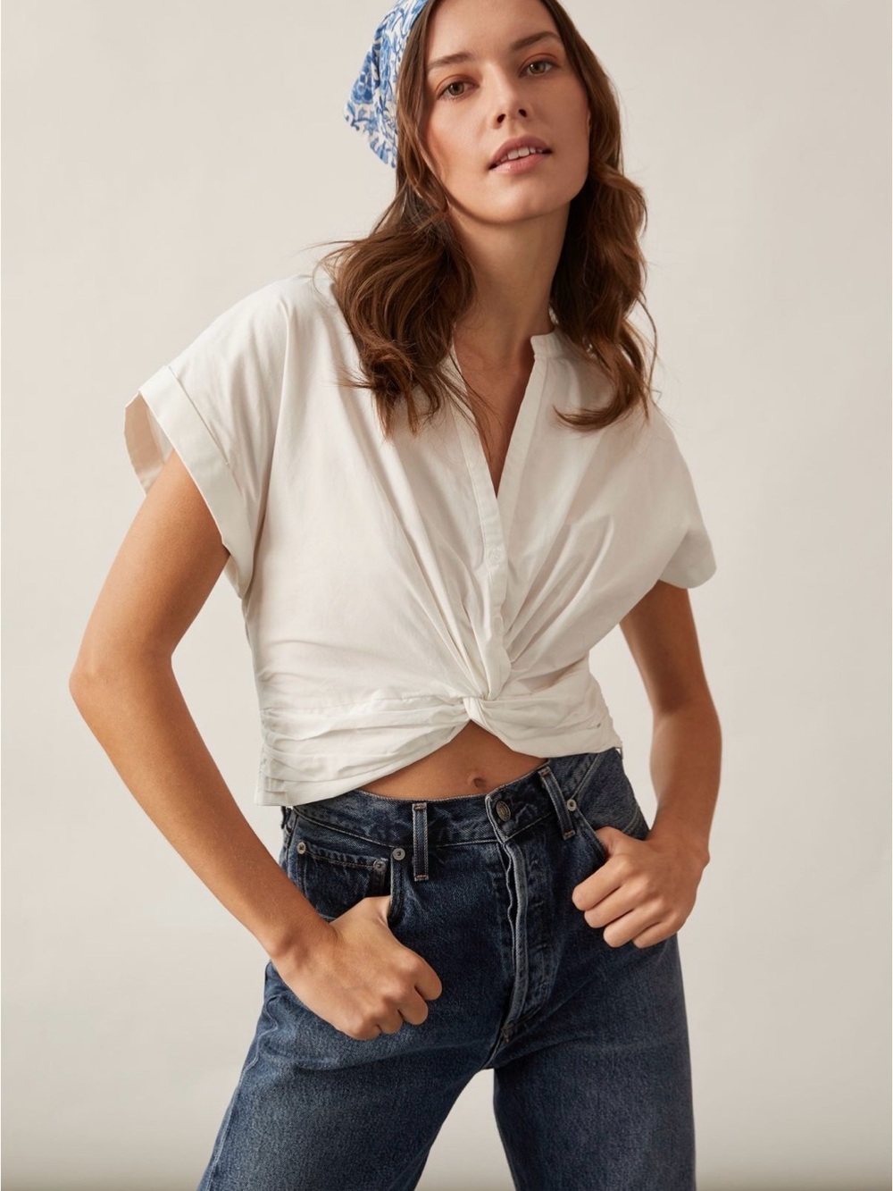 Anthropologie white Twist-Front Women's cropped blouse size medium